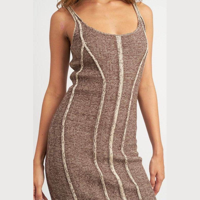 Emory Park vacation style mini dress in brown with stylish striped pattern and fitted design