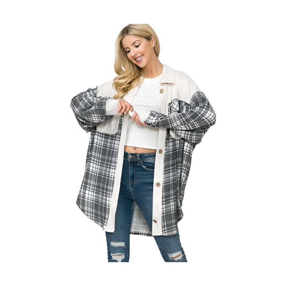 Orange Farm Clothing Women's Shacket in plaid pattern, ideal vacation style outerwear for casual looks