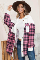 Orange Farm Clothing Women's Shacket in Pink Plaid, perfect for vacation style outerwear.