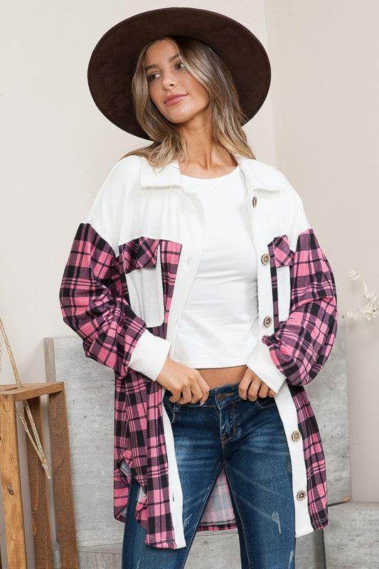 Orange Farm Clothing Women's Shacket in Pink Plaid, perfect for vacation style outerwear