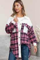 Orange Farm Clothing Women's Shacket in Pink Plaid for Vacation Style Outerwear