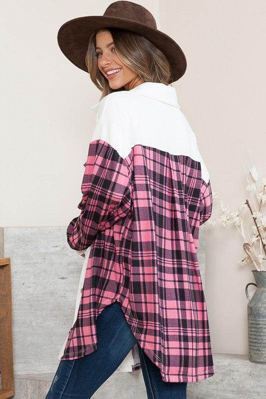 Women's plaid shacket in pink and white, perfect for vacation style outerwear and casual outings