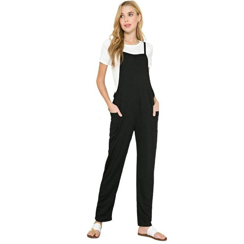 Black vacation style overalls from Orange Farm Clothing, stylish and comfortable for warm weather outings