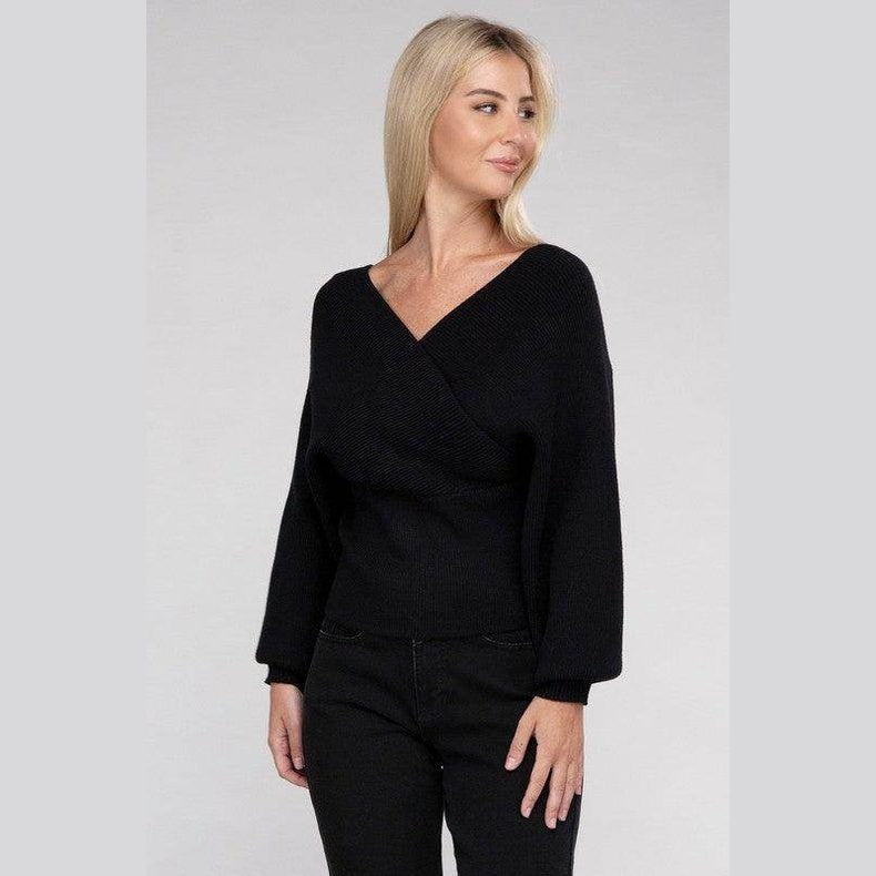 ZENANA Women's vacation style pullover sweater in black with a stylish V-neck design