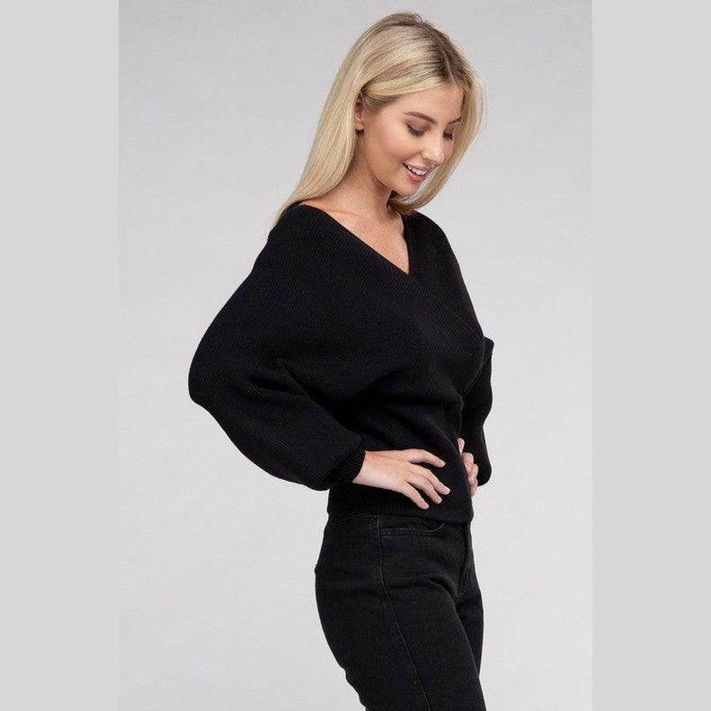 ZENANA Women's vacation style pullover sweater in black with a stylish v-neck design