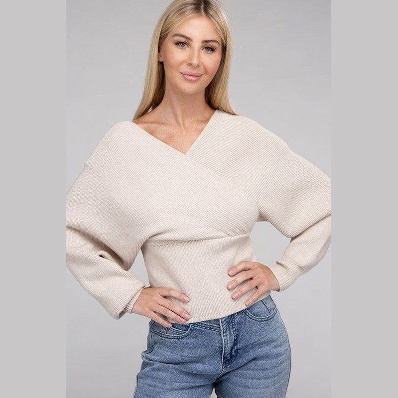 ZENANA Women's Vacation Style Pullover Sweater in Light Beige with a V-Neck and Trendy Design