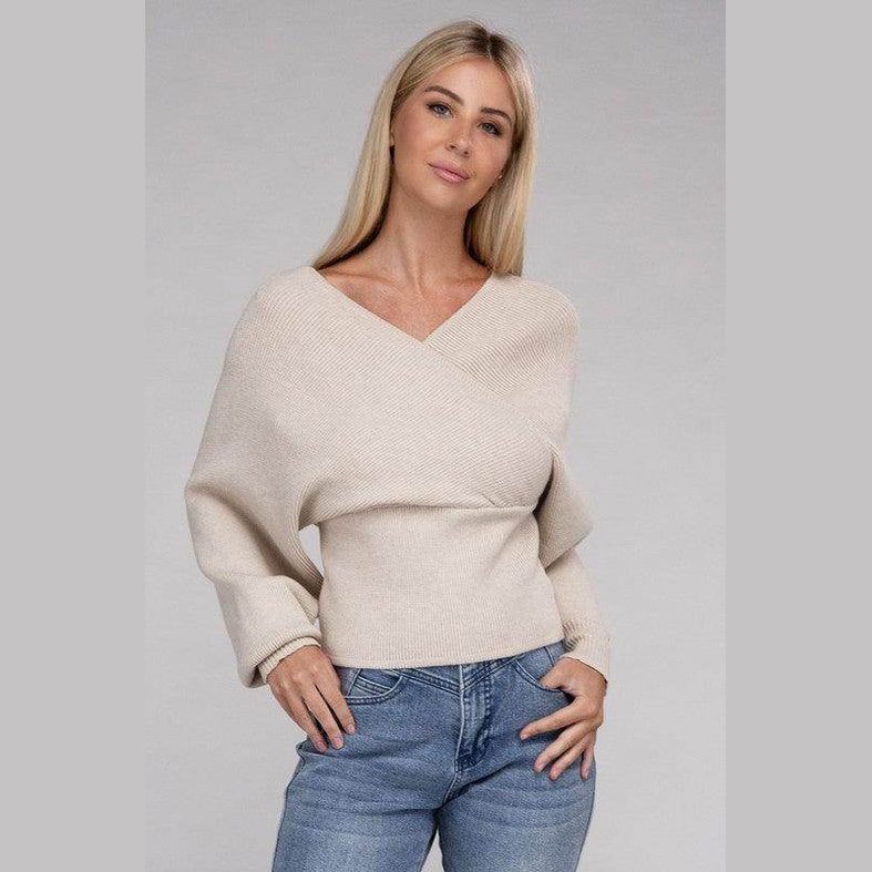 Beige ZENANA vacation style pullover sweater with a stylish wrap design and relaxed fit