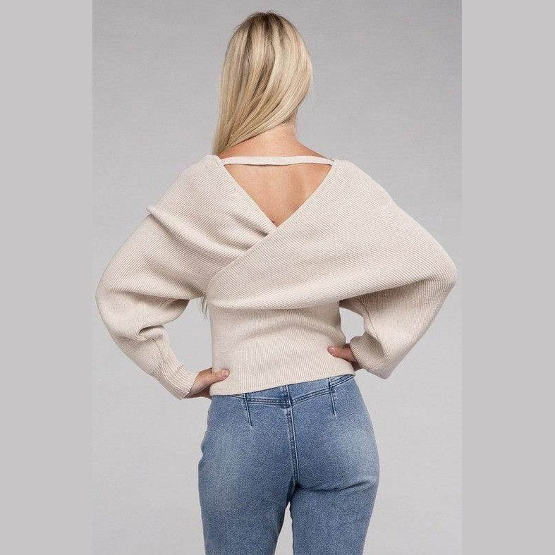 ZENANA vacation style pullover sweater in beige with an open back design, perfect for casual outings