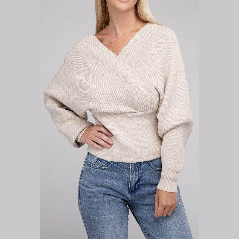 ZENANA vacation style pullover sweater in beige with a stylish cross front design