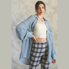Listicle Women's Vacation Style Shacket in Light Blue with a relaxed fit and button details