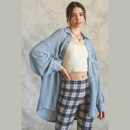Listicle Women's Vacation Style Shacket in Light Blue with a relaxed fit and button details