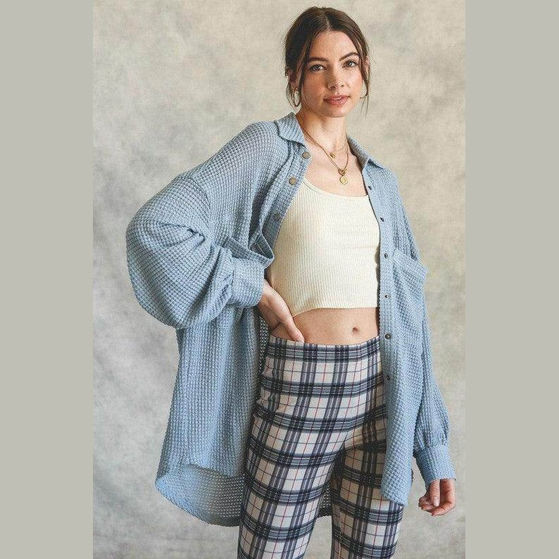 Listicle Women's Vacation Style Shacket in Light Blue with a relaxed fit and button details