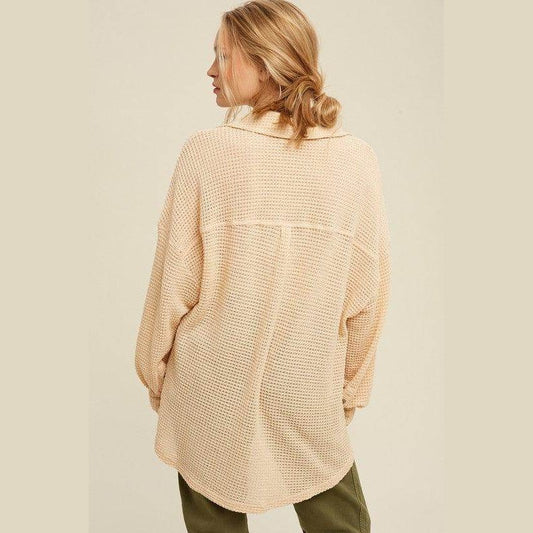 Listicle Women's Vacation Style Shacket in Cream with a Cozy Waffle Knit Design