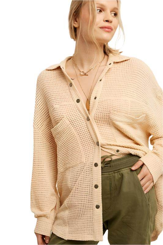 Listicle Women's Vacation Style Shacket in Light Beige with Button Details and Pocket