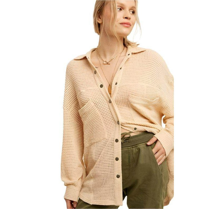 Listicle Women's Vacation Style Shacket in Light Beige with Button Details and Pocket