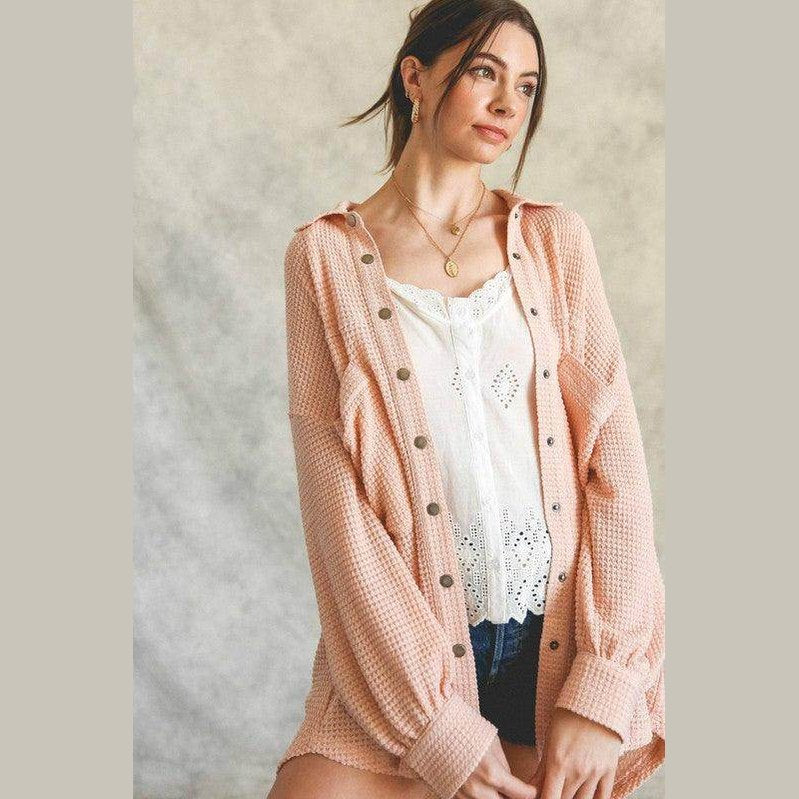 Listicle Women's Vacation Style Shacket in Soft Peach Color with Button Front and Relaxed Fit