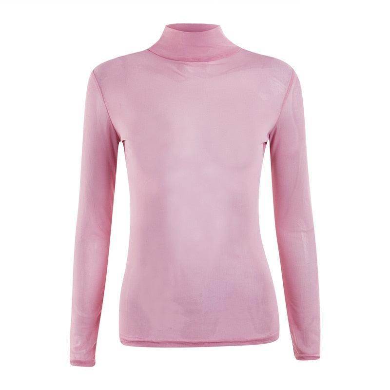 Women's Pink Vacation Style Sheer Top with Long Sleeves and Turtleneck Design