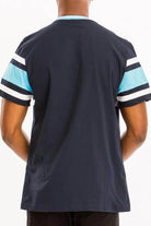 Men's vacation style shirts in navy with striped blue sleeves for casual summer wear
