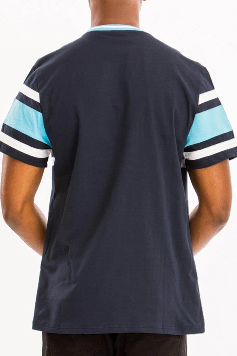 Men's vacation style shirts in navy with striped blue sleeves for casual summer wear
