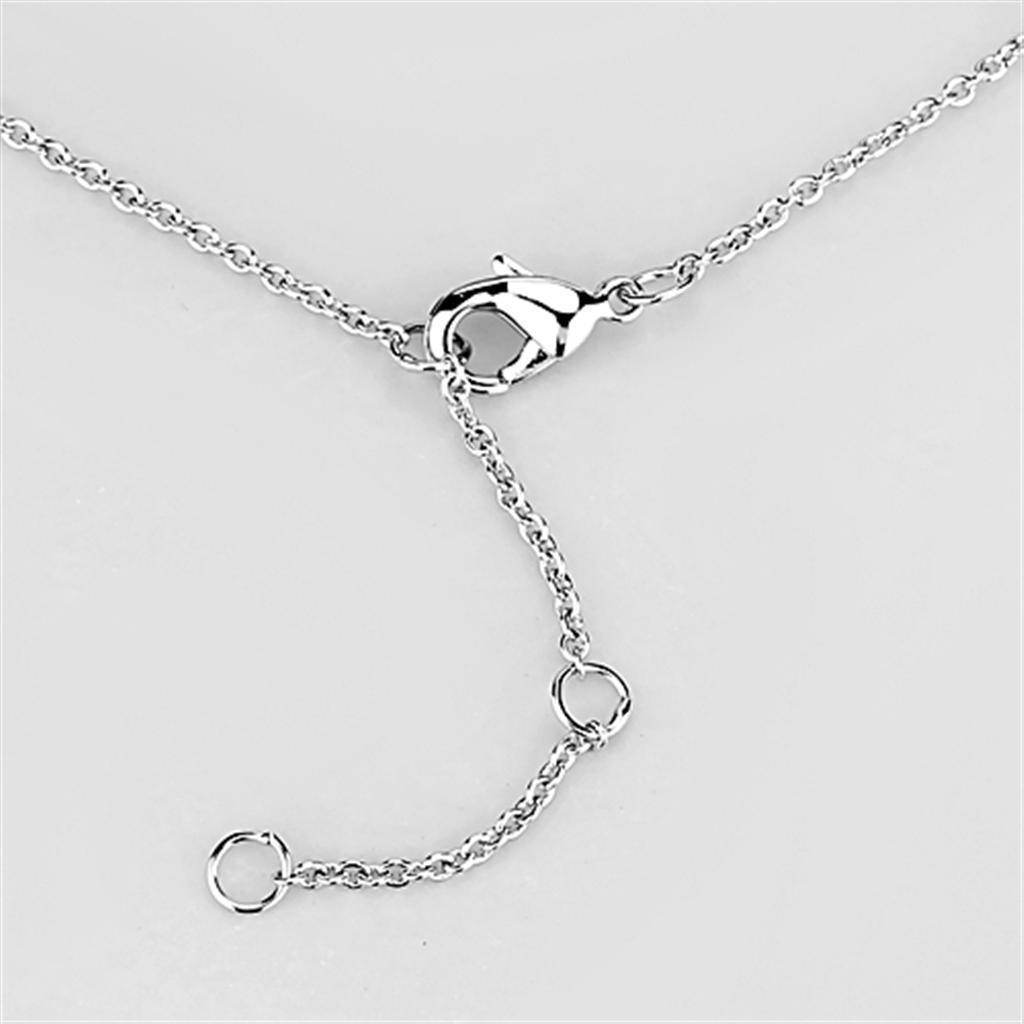 Close-up of a vacation style silver necklace with a secure clasp and adjustable length features
