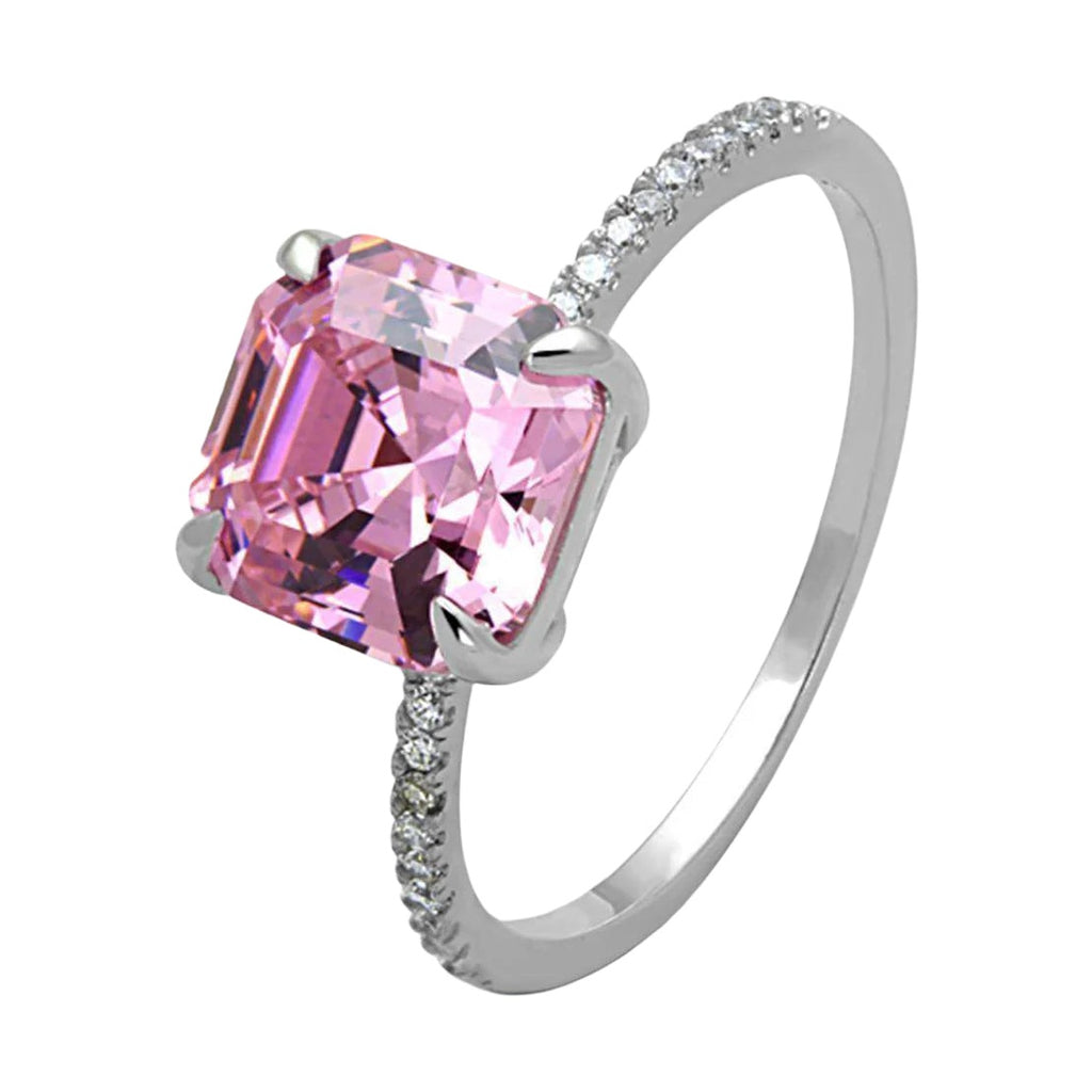 Elegant vacation style silver rings for women featuring a large pink gemstone and sparkling accents