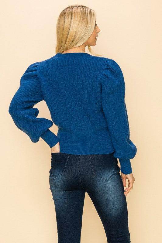 Andante USA Blue Women's Vacation Style Sweater with Puff Sleeves and Fitted Cuffs