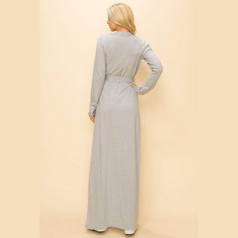 Andante USA Women's vacation style sweater cardigan in soft grey with a long back design and tie waist detail