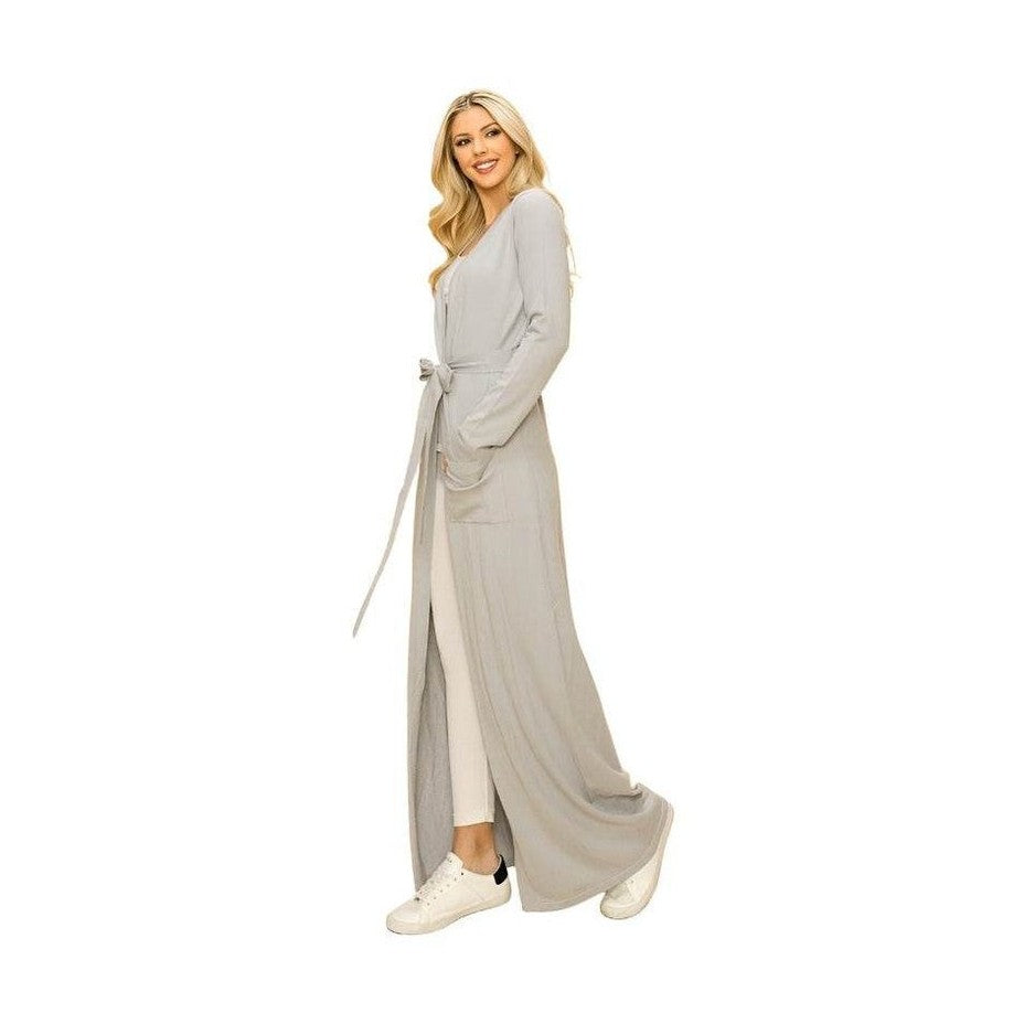 Andante USA Gray Vacation Style Sweater Cardigan with Tie Waist and Long Sleeves