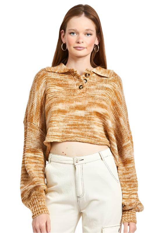 Emory Park Vacation Style Sweater in Warm Tones with Cropped Design and Button Details