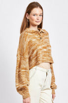 Emory Park Women's Vacation Style Sweater in warm tones with a collared neckline and cropped fit