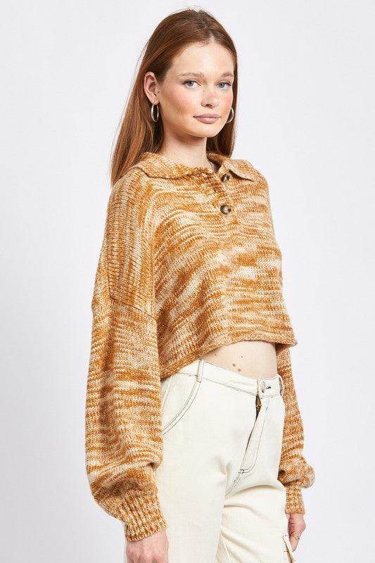 Emory Park Women's Vacation Style Sweater in warm tones with a collared neckline and cropped fit