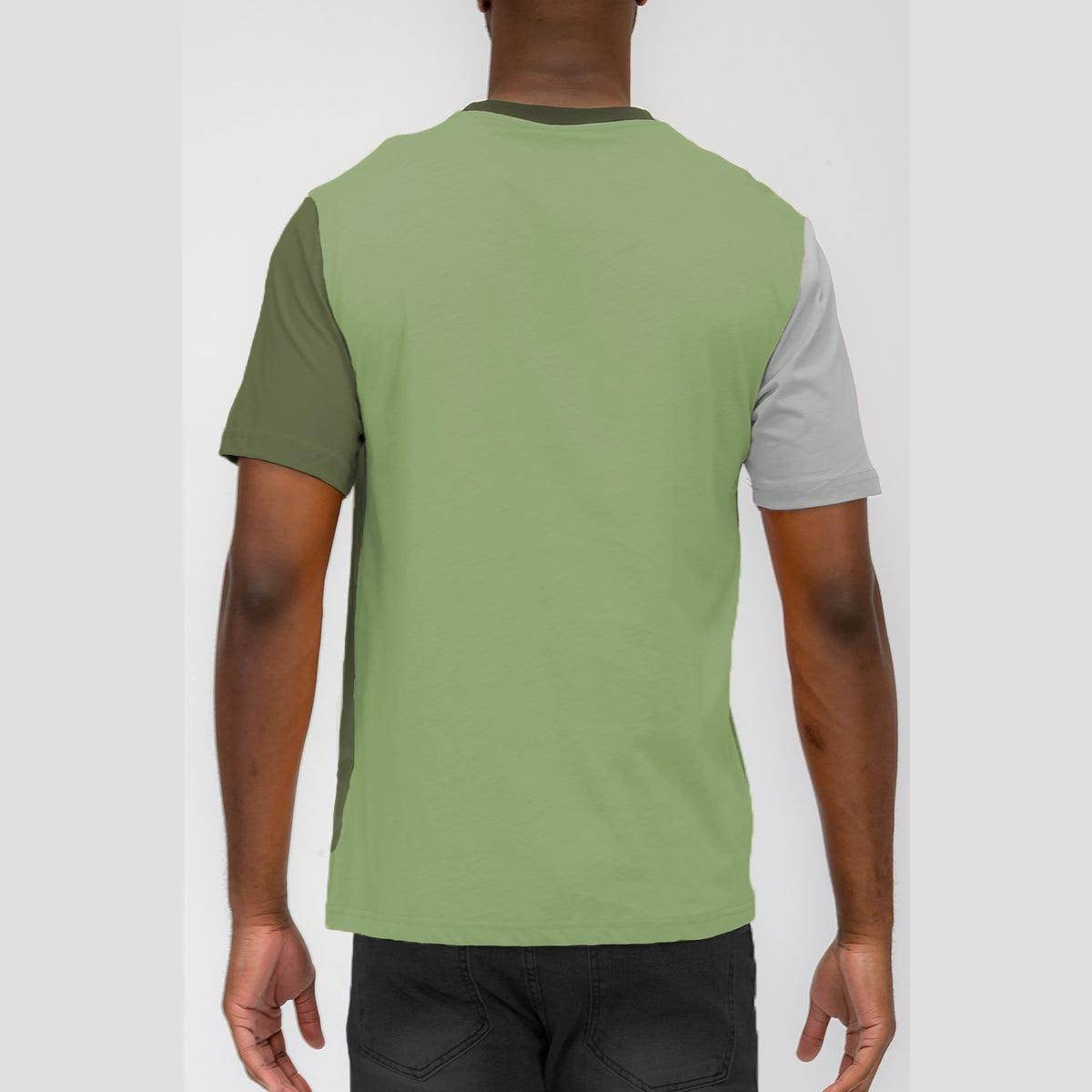 Back view of a men's vacation style t-shirt for men in green and gray color block design