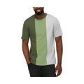 Vacation style t-shirt for men featuring a trendy color block design in green and gray