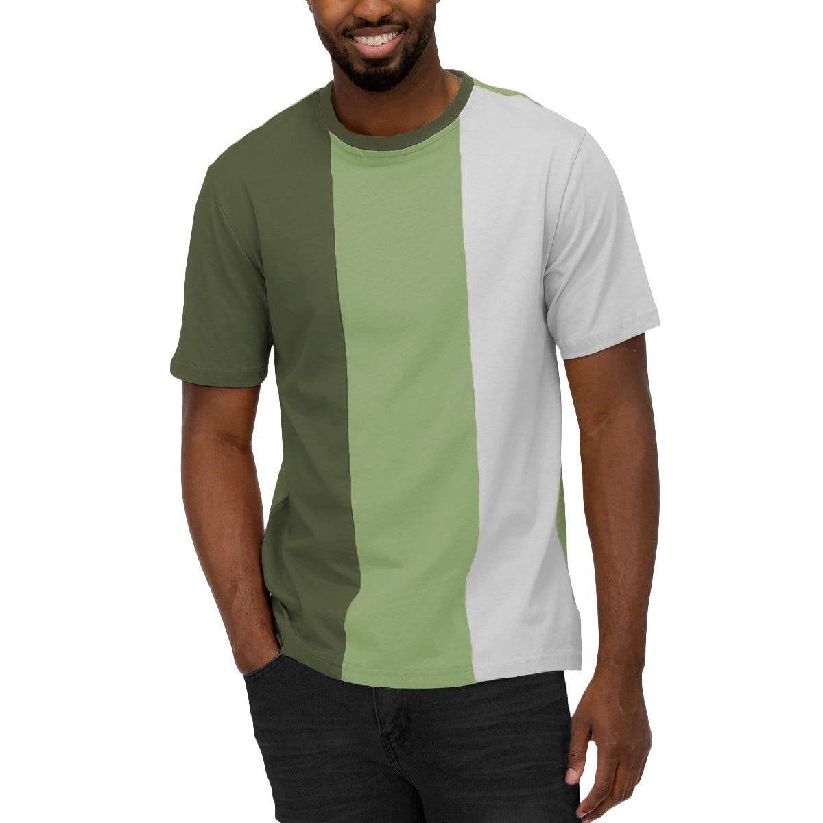 Vacation style t-shirt for men featuring a trendy color block design in green and gray