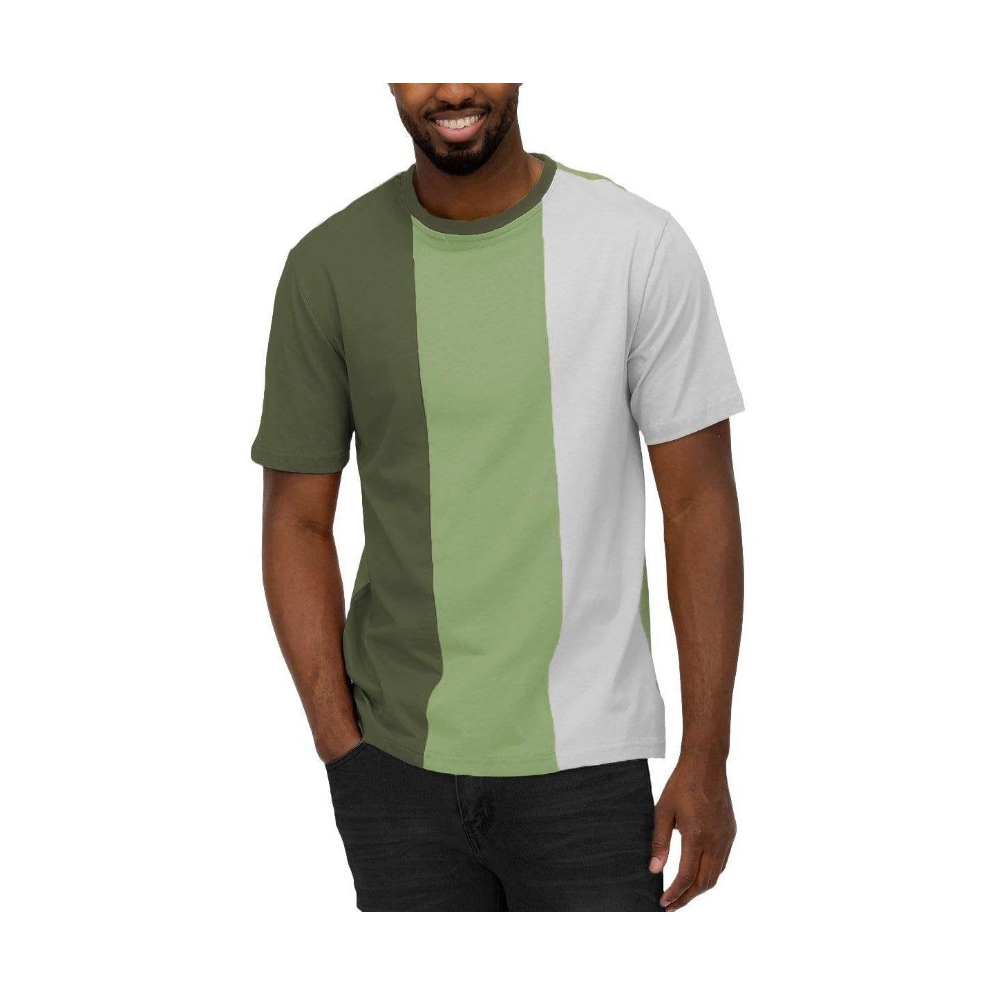 Vacation style t-shirt for men featuring a trendy color block design in green and gray
