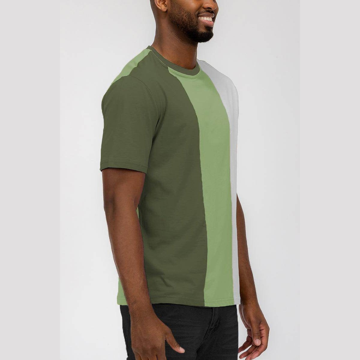 Men's vacation style t-shirt for men in green and grey color block design, perfect for casual outings