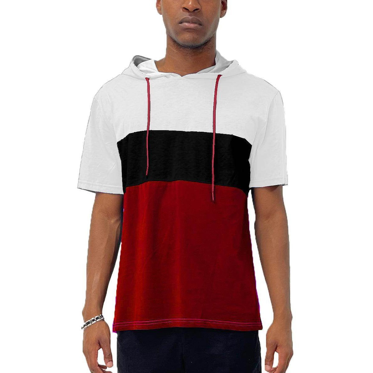 Men's vacation style t-shirt men in red, black, and white with a hood for casual summer wear