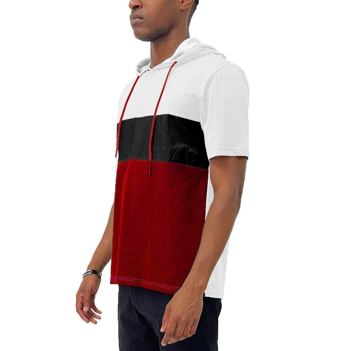 Vacation style t-shirt men in white, red, and black with a sporty hood and modern design