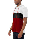 Vacation style t-shirt men in white, red, and black with a sporty hood and modern design