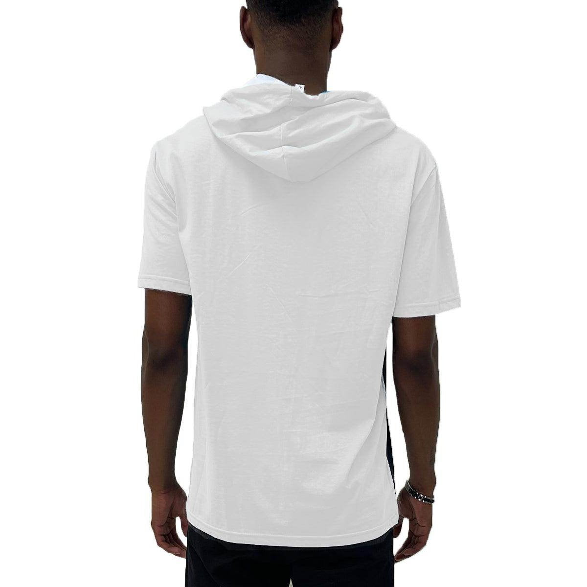 Back view of a white vacation style t-shirt men with a hood for casual summer wear