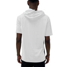 Back view of a white vacation style t-shirt men with a hood for casual summer wear