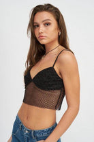 Emory Park Black Cropped Top with Fishnet Design, Perfect for Vacation Style Tops