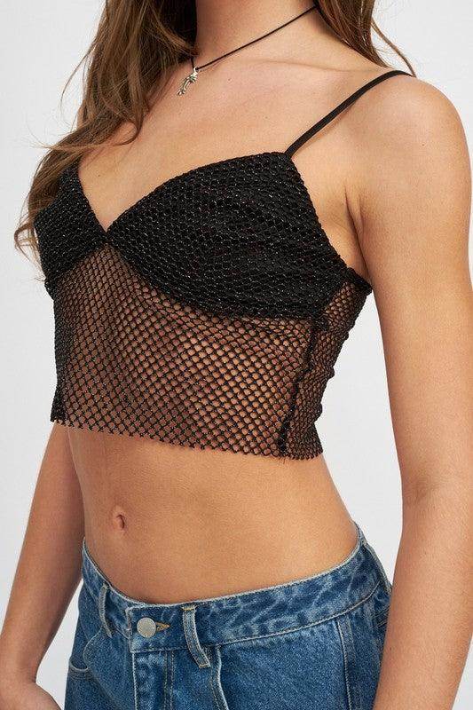 Emory Park Women's Cropped Top in Black Fishnet, perfect for vacation style tops and summer outings