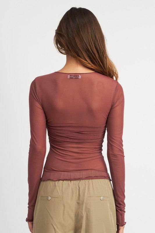 Emory Park Women's Long Sleeve Top in Burgundy, perfect for vacation style tops with a flattering fit
