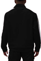 Men's WEIV vacation style track jacket in black with contrasting white stripes on sleeves