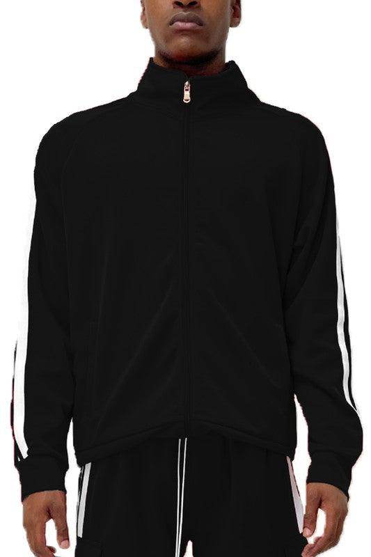 Men's WEIV vacation style track jacket in black with white stripes for a sporty look