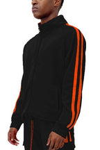 WEIV Men's Black Vacation Style Track Jacket with Orange Stripes for Casual Wear