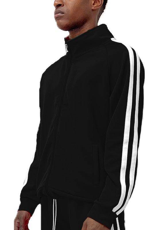 WEIV Men's Black Vacation Style Track Jacket with White Stripes for Casual Wear