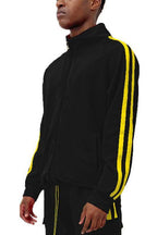 WEIV Men's Black Vacation Style Track Jacket with Yellow Stripes for Casual Wear