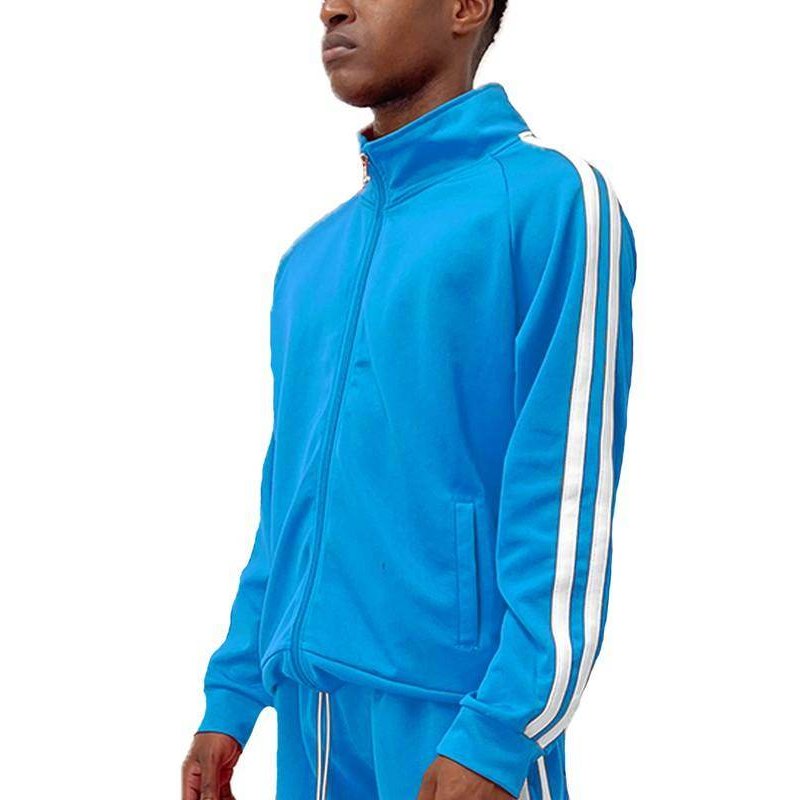 WEIV Men's Blue Vacation Style Track Jacket with White Stripes and Zippered Pockets